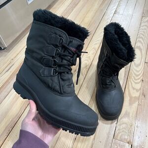 Sorel Black Winter Snow Boots Mid-Calf Faux Fur Trim Lace Up Insulated Womens 10